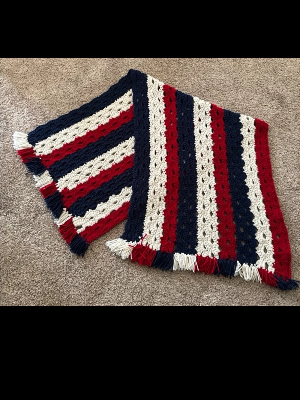 Hand Knit Crochet Red/White/Blue Blanket with tassels